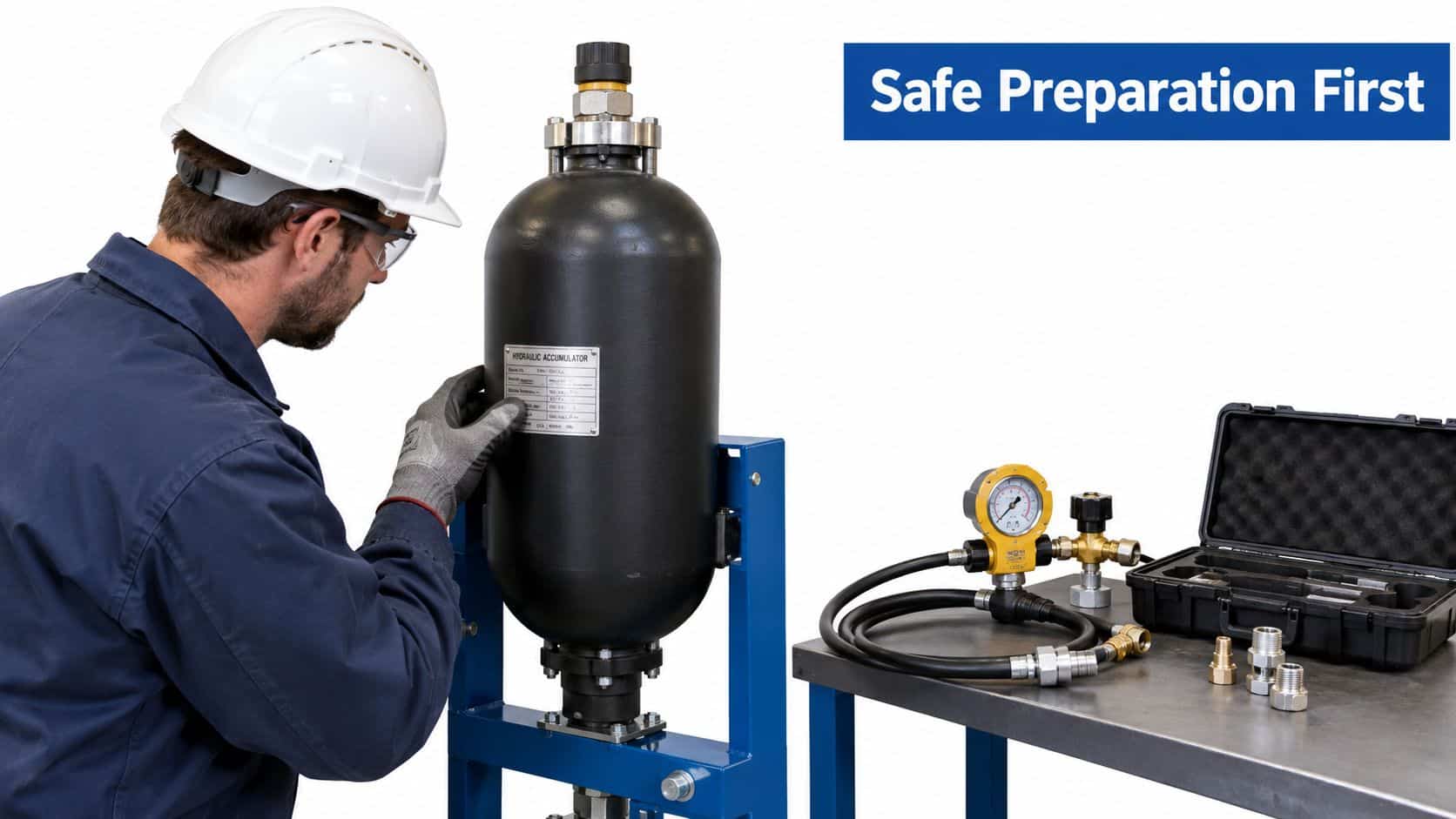 A technician wearing safety gear inspects a hydraulic accumulator mounted on a stand in a workshop.
