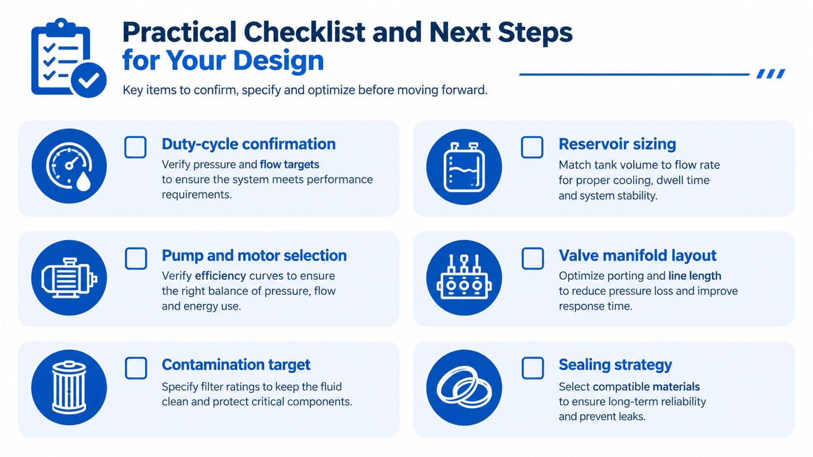 A checklist for hydraulic system design, covering duty-cycles, pump selection, reservoir sizing, valve layouts, and filtration.