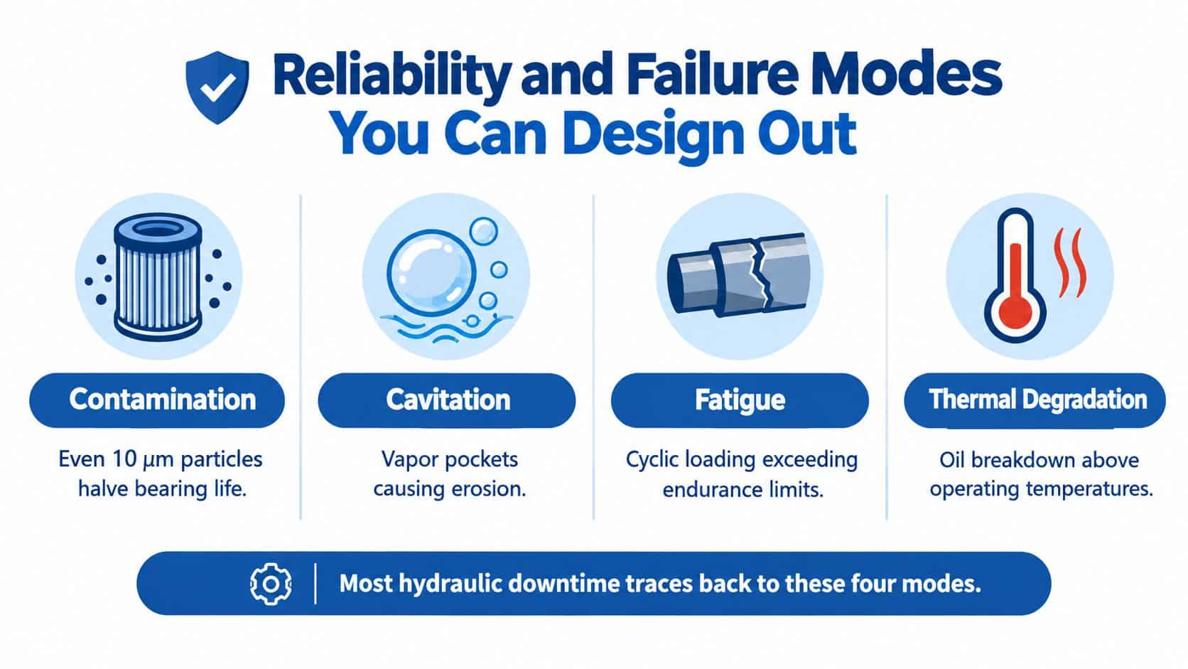 An infographic illustrating four primary hydraulic system failure modes including contamination, cavitation, fatigue, and thermal degradation.