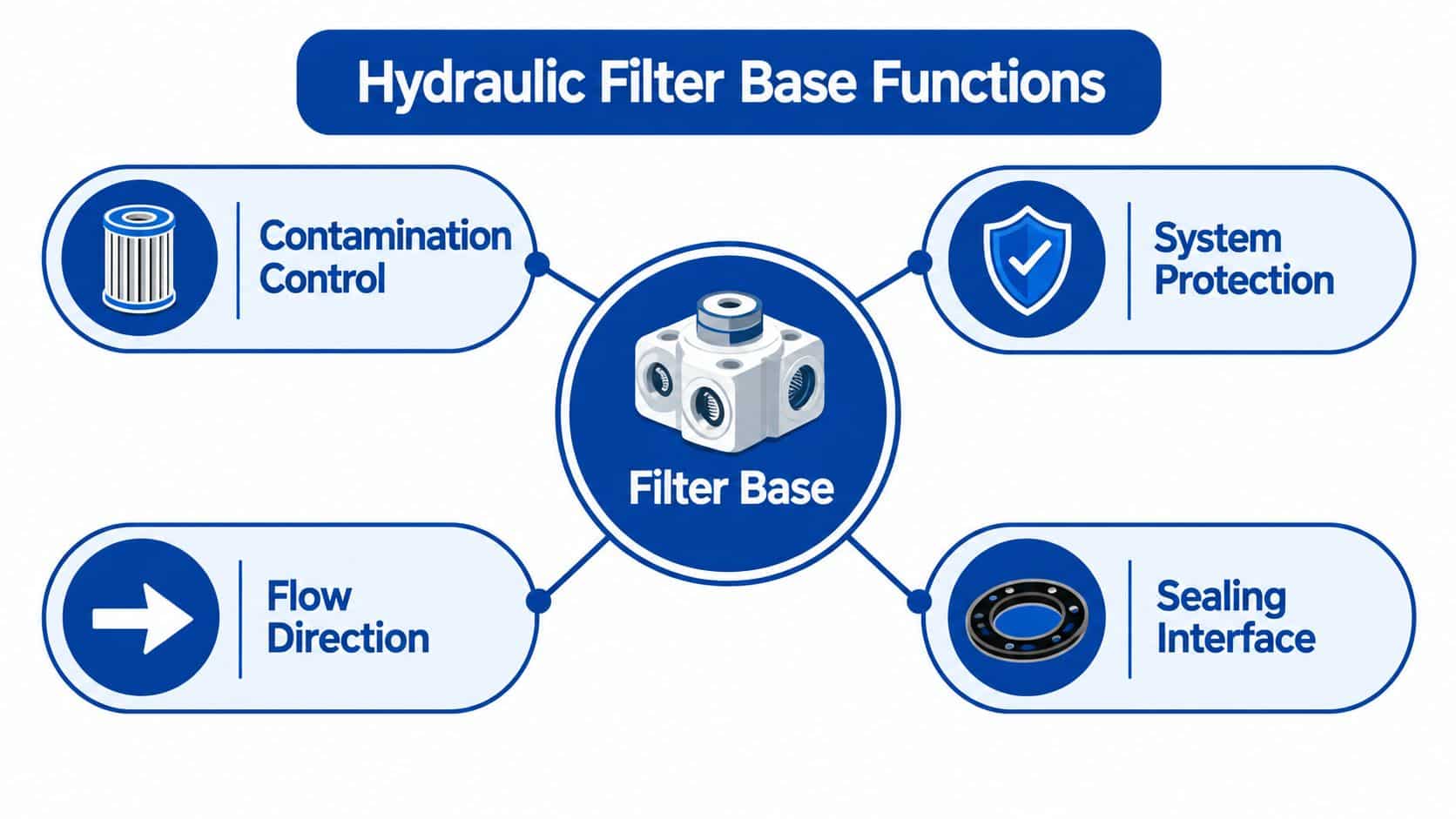 A diagram illustrating the primary functions of a hydraulic filter base in industrial filtration systems.