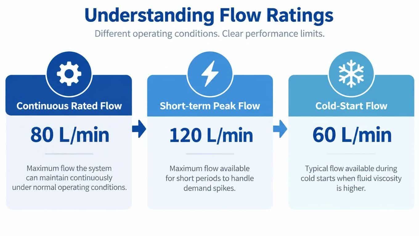 A flow rating chart showing continuous, peak, and cold-start flow rates for hydraulic systems in liters per minute.