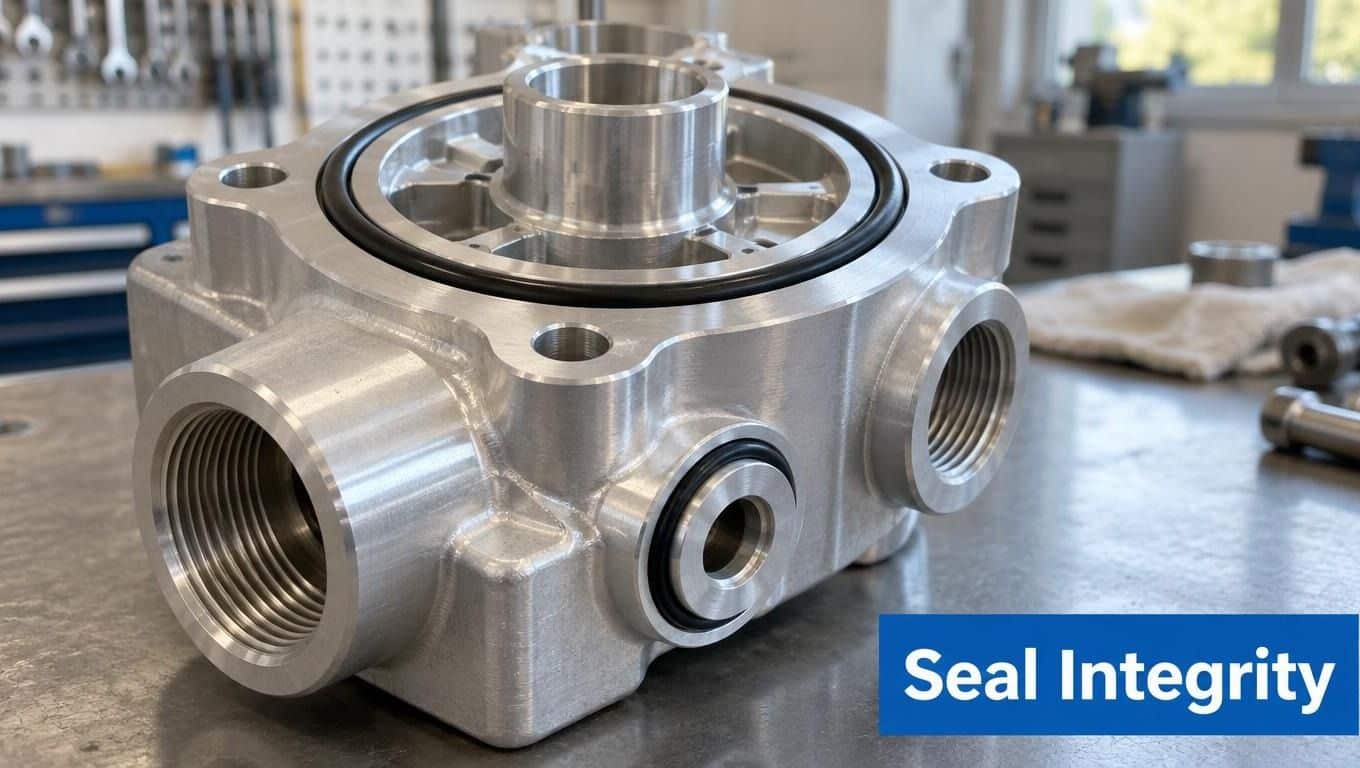A close-up shot of a precision-machined aluminum hydraulic filter base component on a metal workbench.