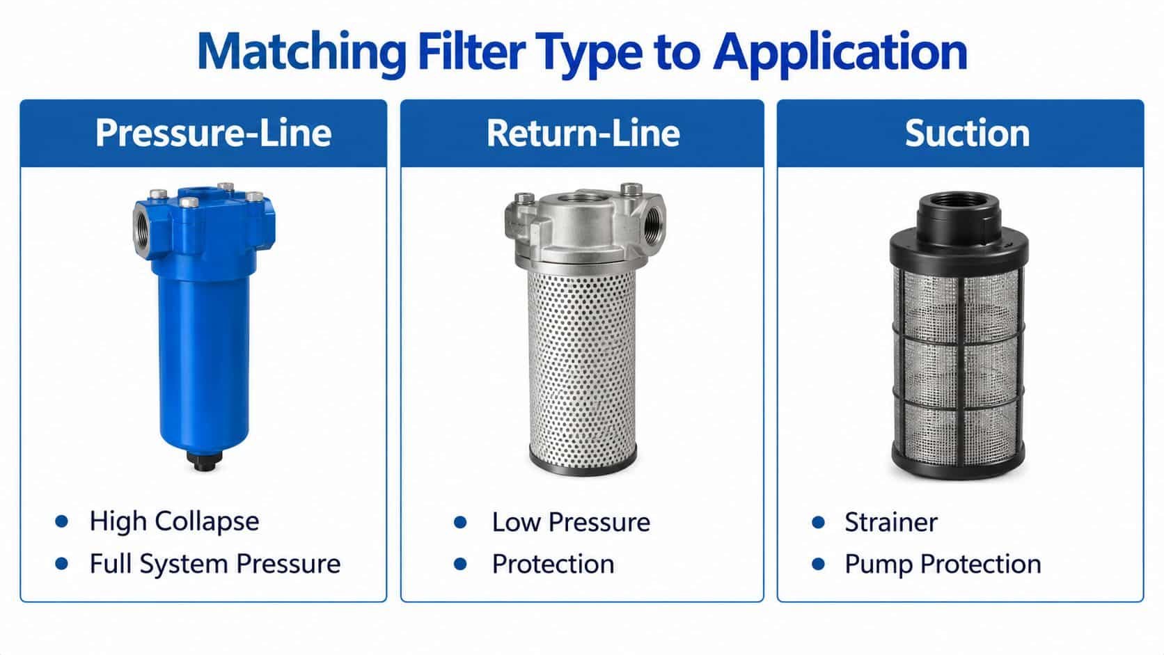 An infographic displaying three types of hydraulic filters categorized by their application: Pressure-Line, Return-Line, and Suction.