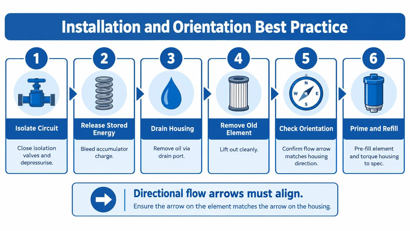 A six-step infographic guide detailing the best practices for the safe installation and orientation of a hydraulic filter.