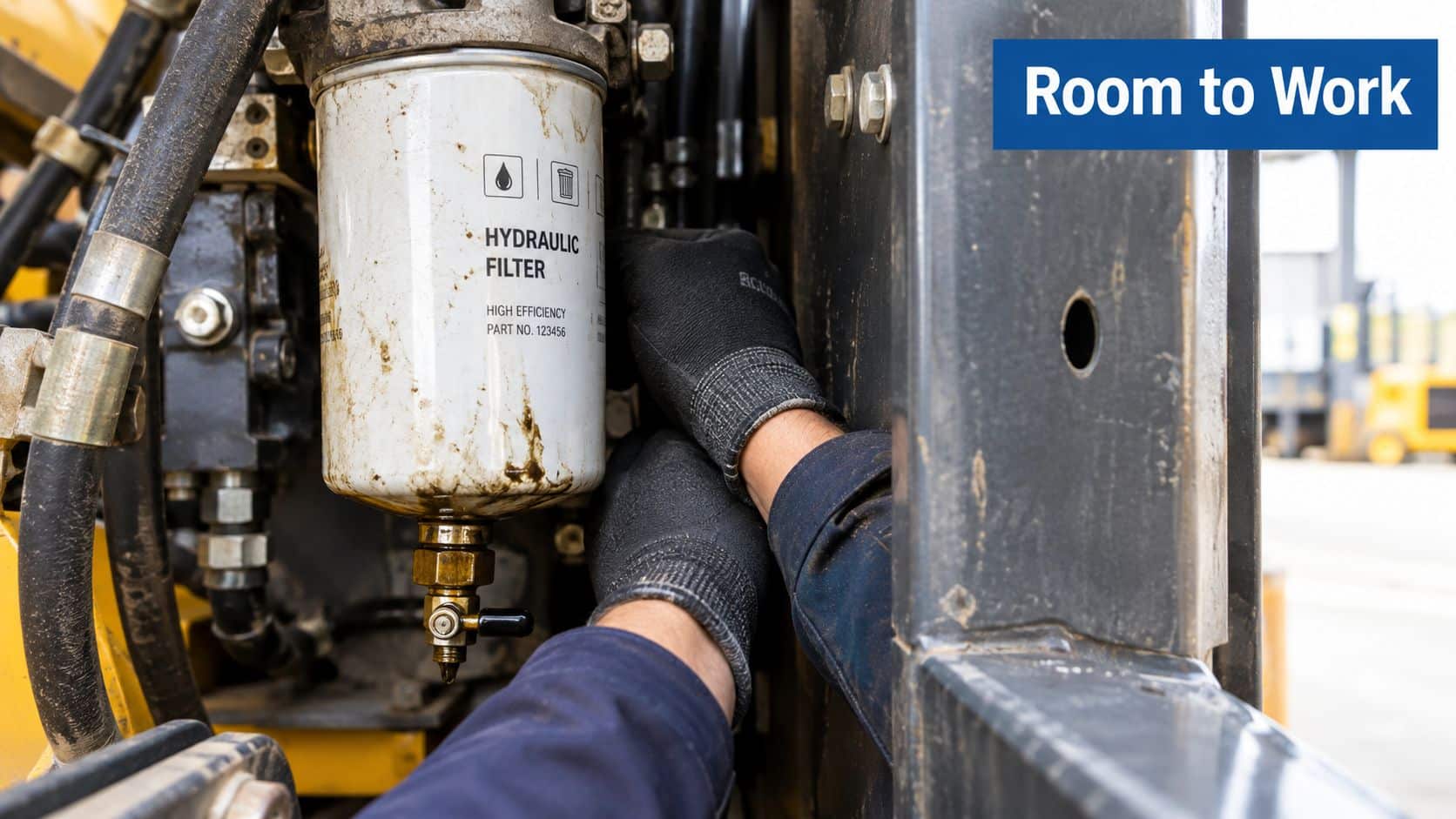 A close-up view of a mechanic in work gloves maintaining the hydraulic filter of heavy machinery equipment.