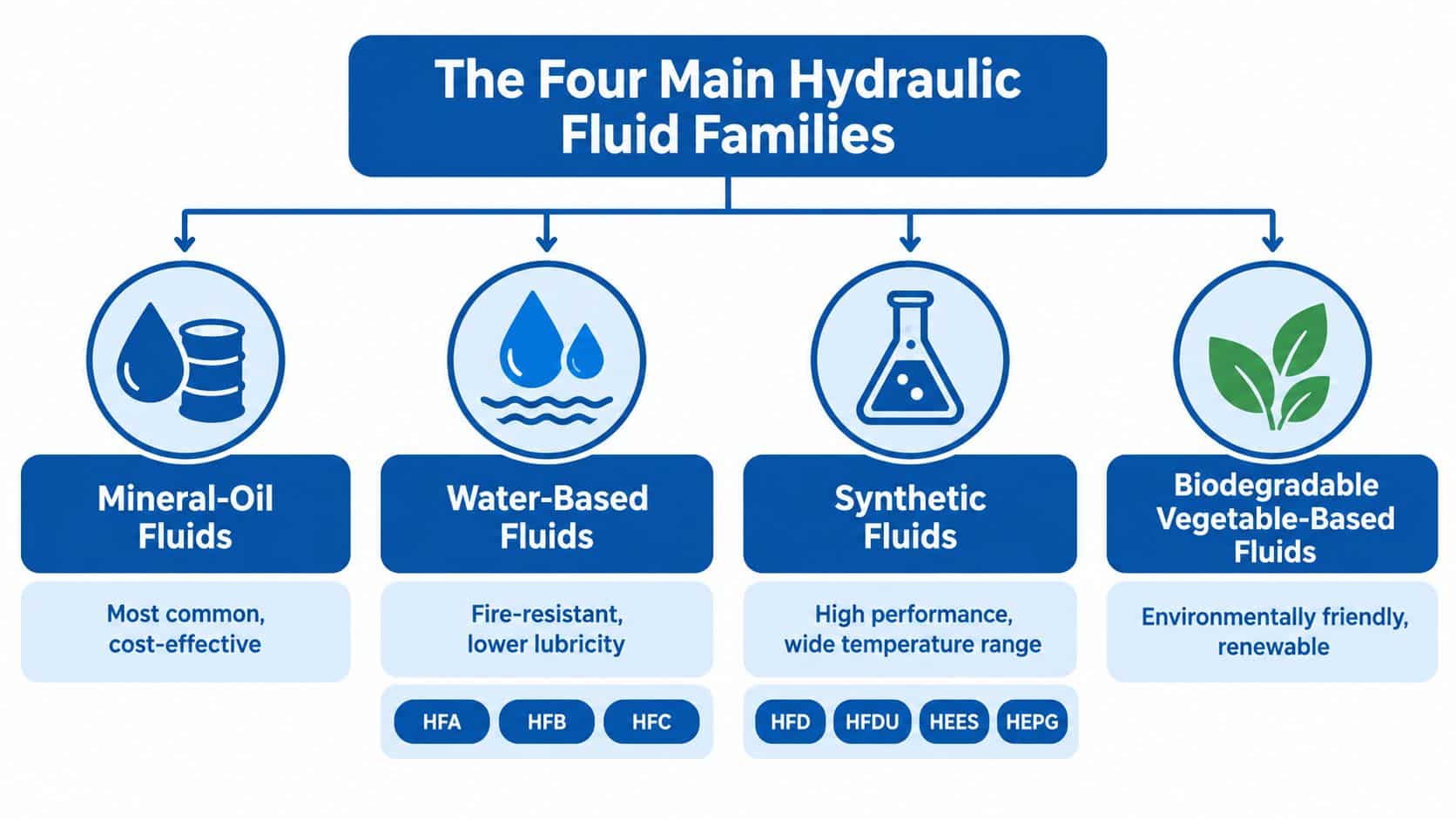 A diagram illustrating the four main families of hydraulic fluids, their characteristics, and specific fluid classifications.