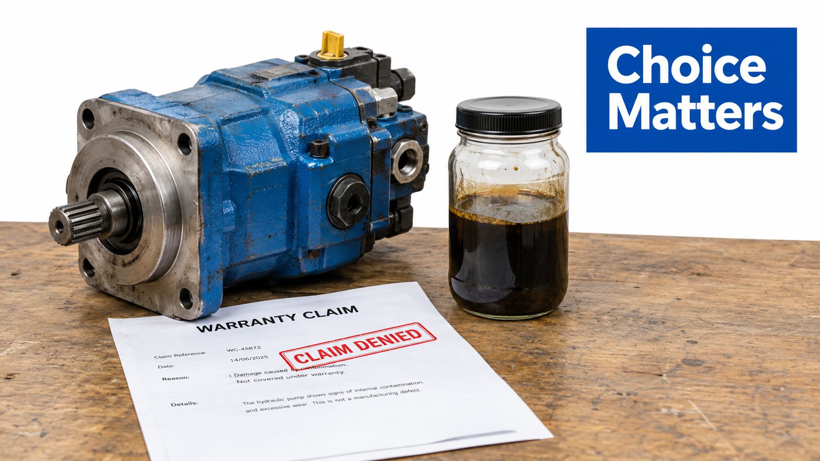 A blue hydraulic pump sits next to a jar of contaminated oil and a denied warranty claim.