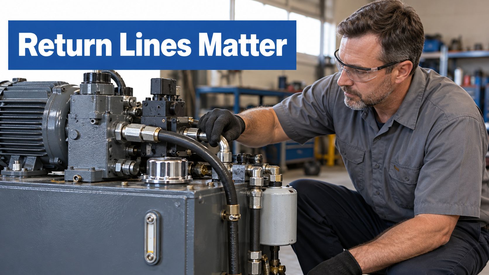 A technician wearing safety glasses and gloves inspects a hydraulic return manifold on a large industrial machine.