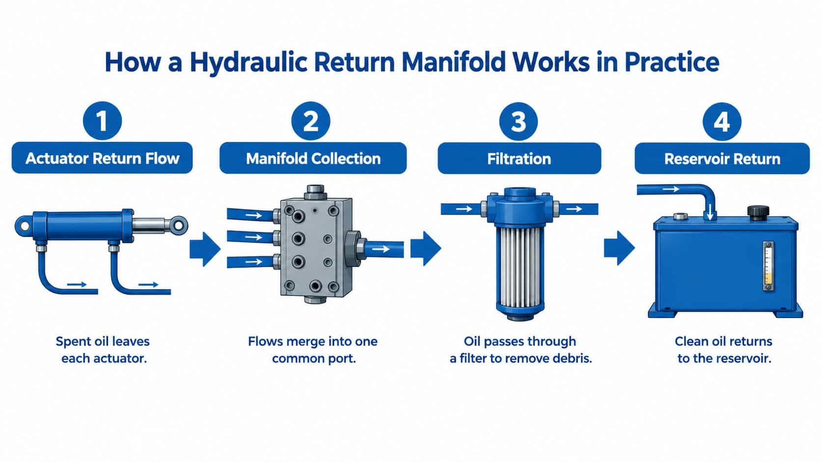A four-step diagram illustrating the process of a hydraulic return manifold from actuator to reservoir.