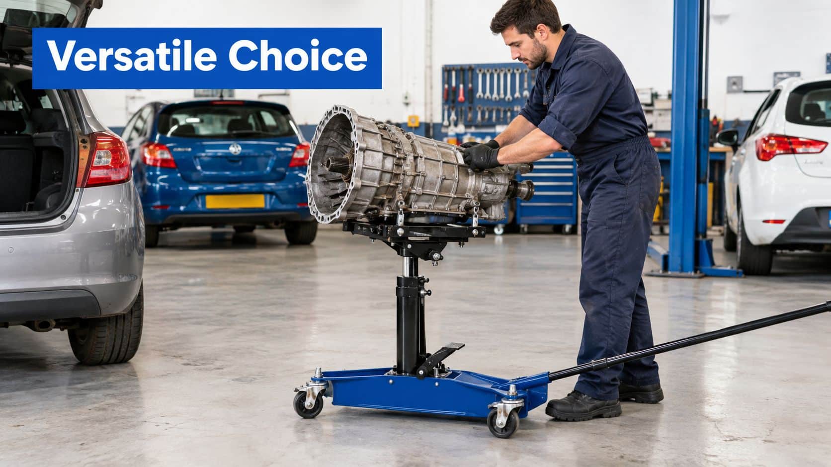 A mechanic in a garage uses a blue hydraulic transmission jack to service a car component.