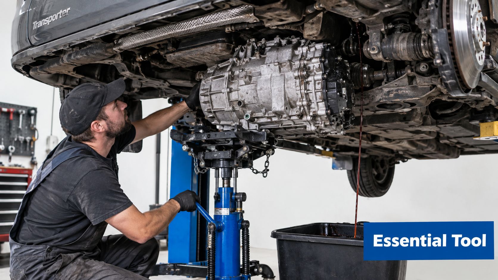 A professional mechanic uses a hydraulic transmission jack to remove a car transmission while fluid drains out.