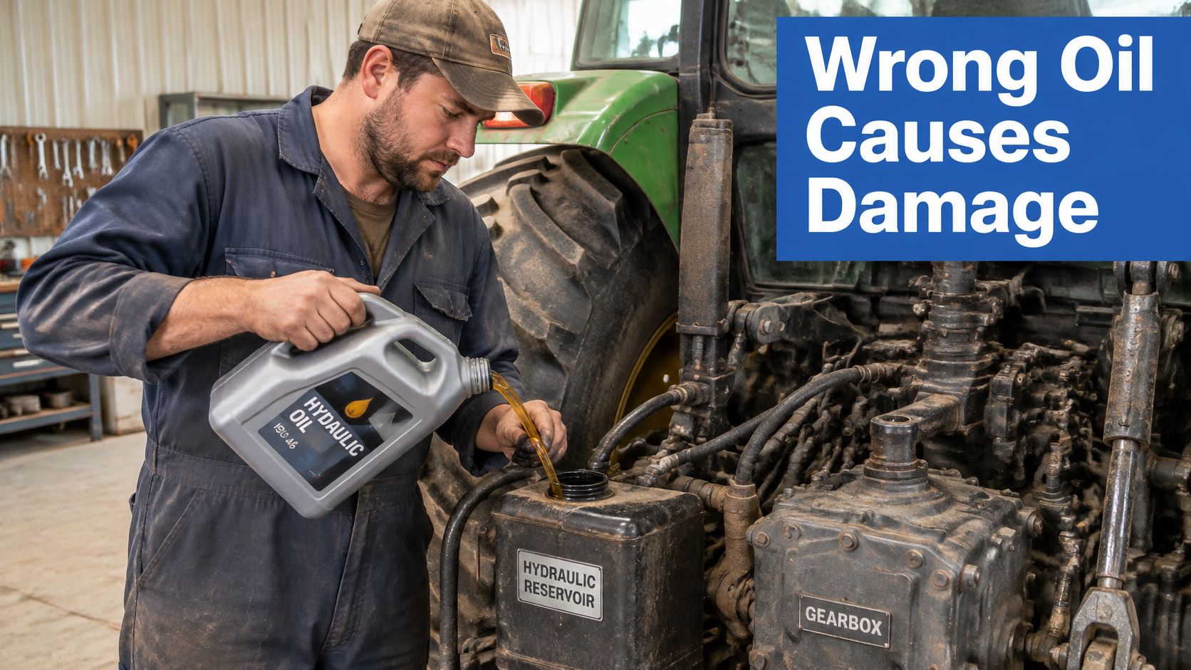 A mechanic in a workshop pouring hydraulic oil into the reservoir of a large farm tractor.