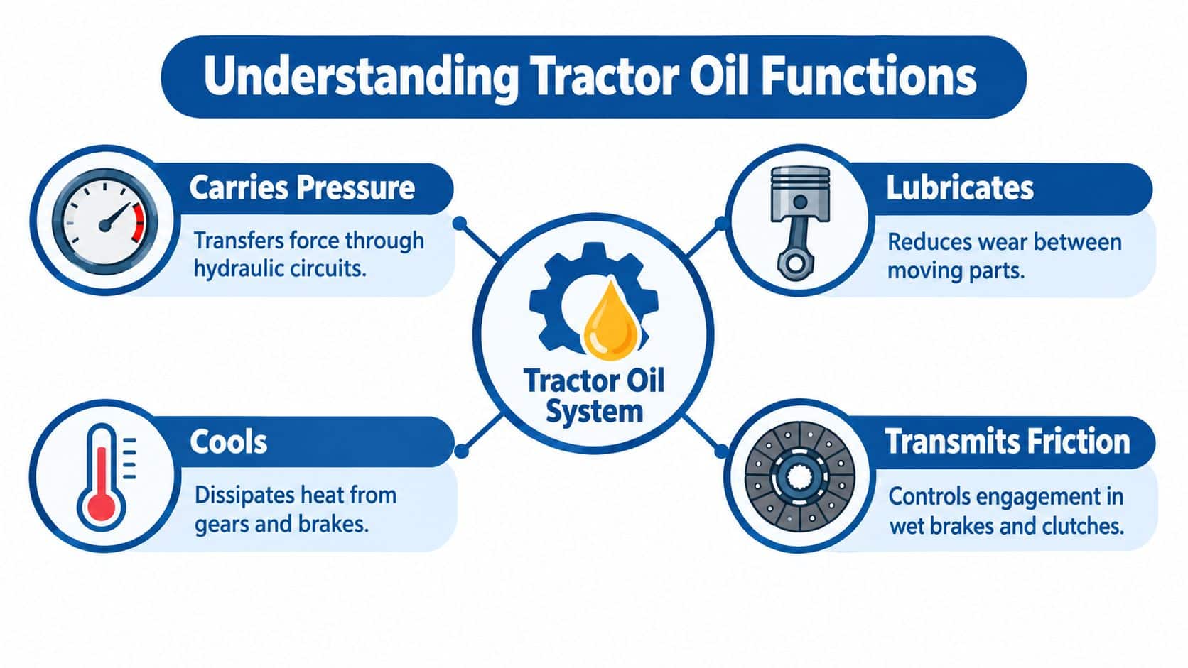 An infographic showing the four primary functions of tractor oil: carrying pressure, lubricating, cooling, and transmitting friction.