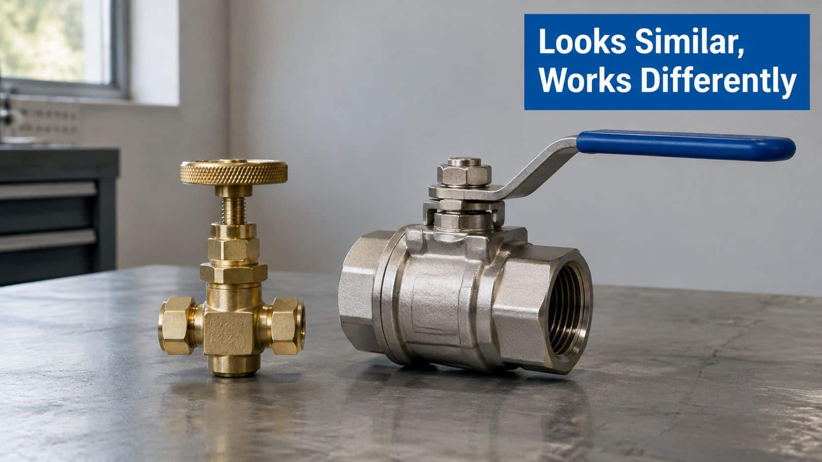 A brass globe valve sits next to a stainless steel ball valve on a metal workbench.