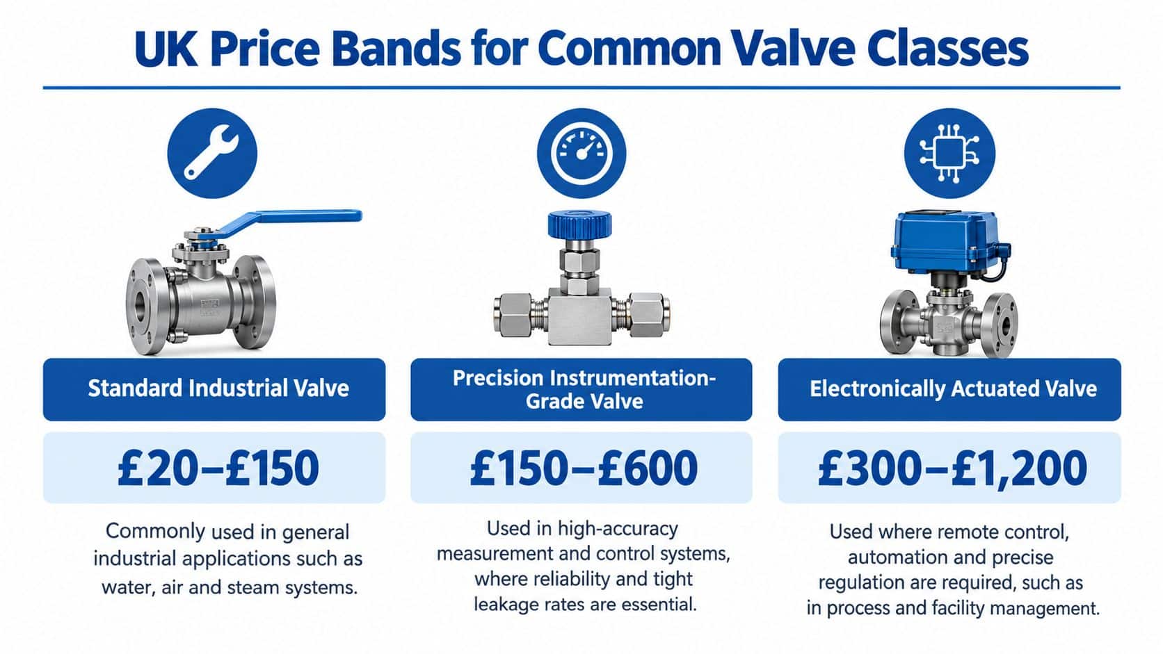 An infographic showing price ranges for three common types of industrial valves in the United Kingdom.