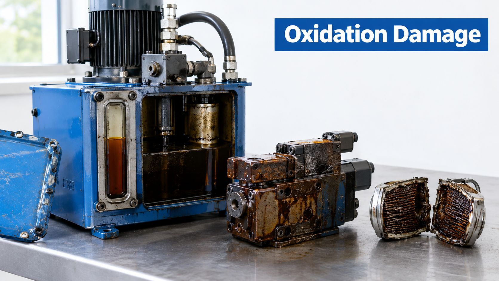 Disassembled hydraulic power unit showing significant sludge and residue buildup on the oil reservoir and internal components.