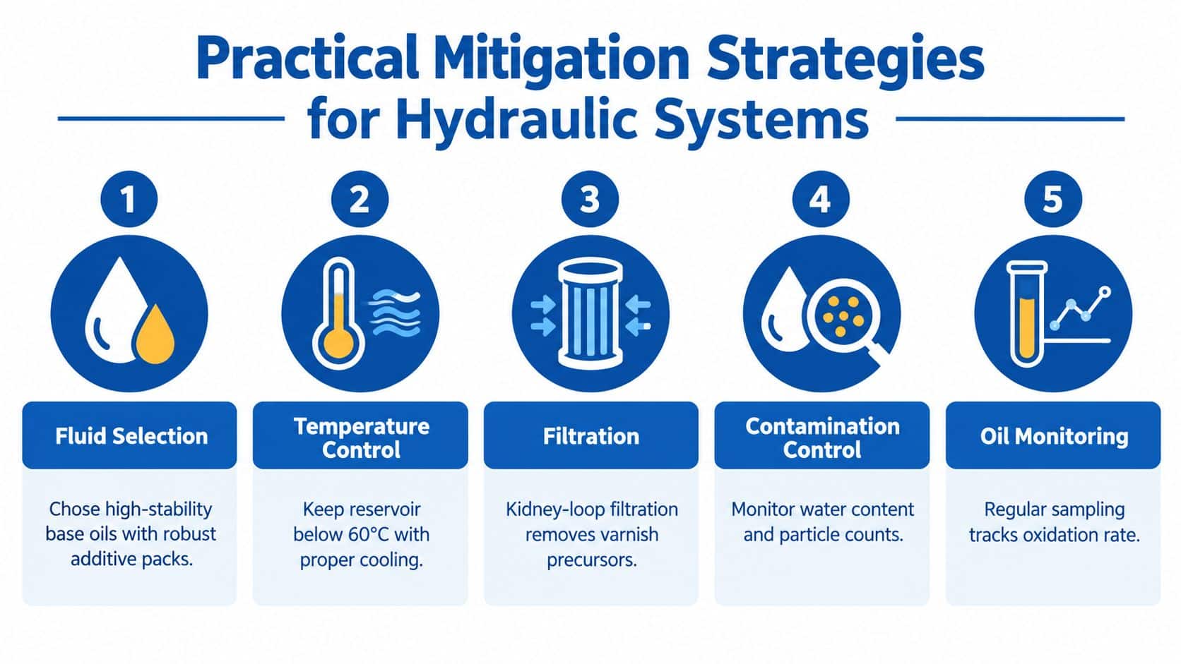 A diagram outlining five practical mitigation strategies for hydraulic systems including fluid selection, temperature control, and monitoring.