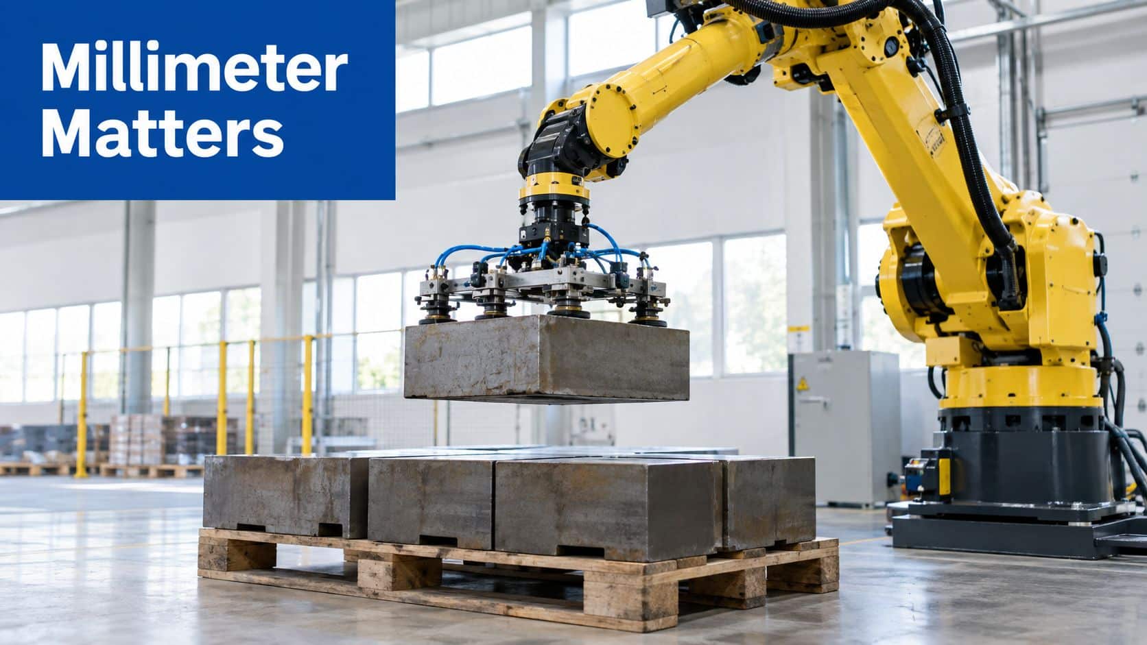 A large yellow robotic arm picks up a heavy metal block in a modern industrial factory setting.