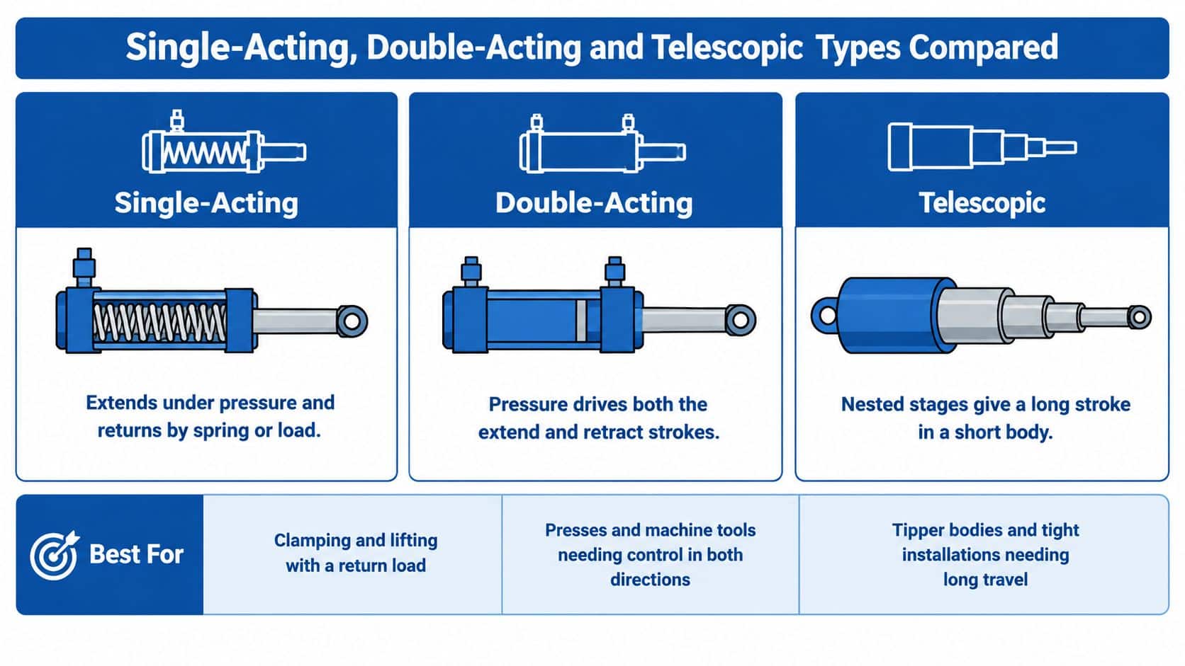 A comparison chart showing the differences between single-acting, double-acting, and telescopic hydraulic cylinders with their respective uses.