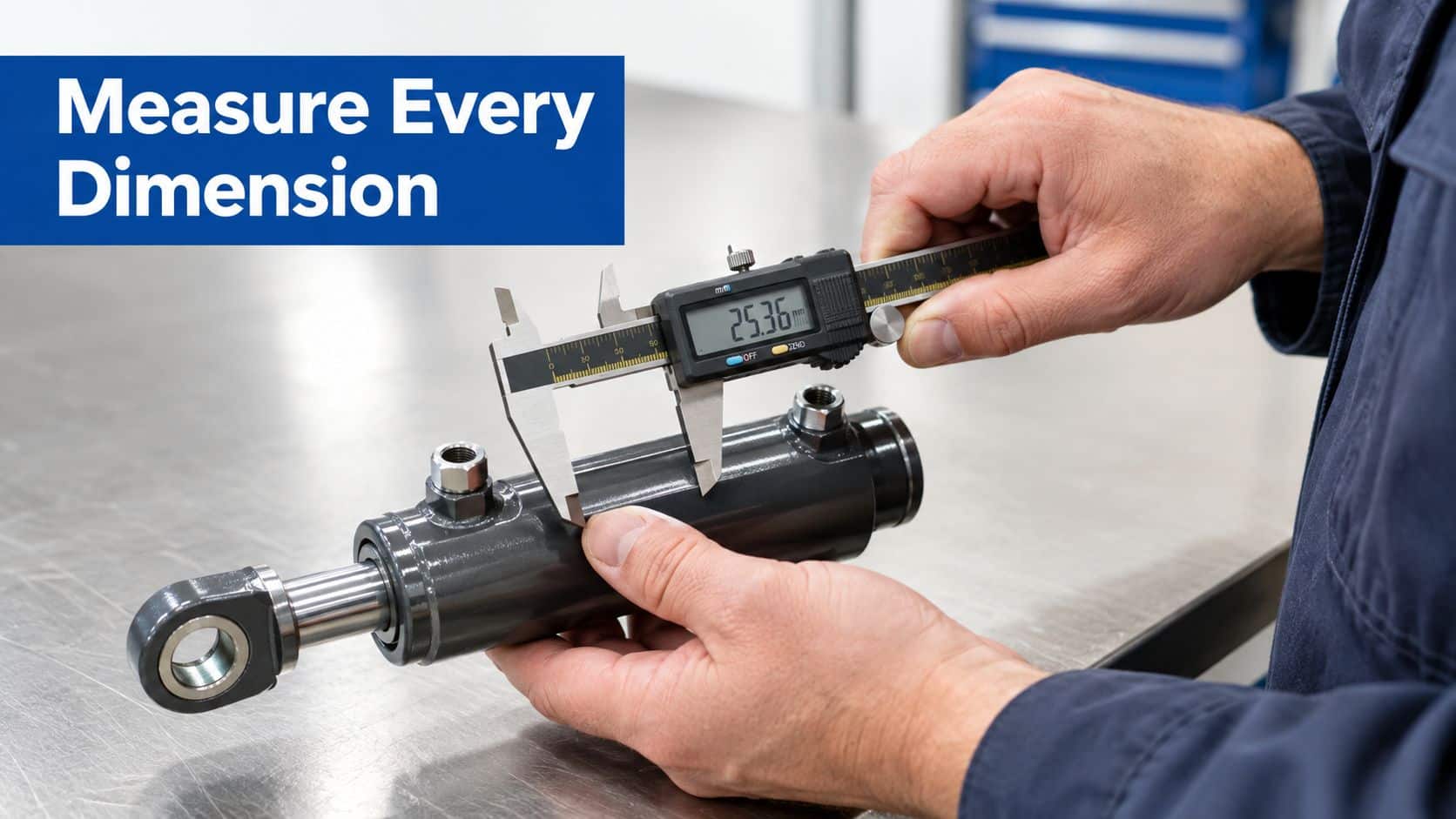 A technician measuring the diameter of a metal hydraulic cylinder component using digital calipers on a table.
