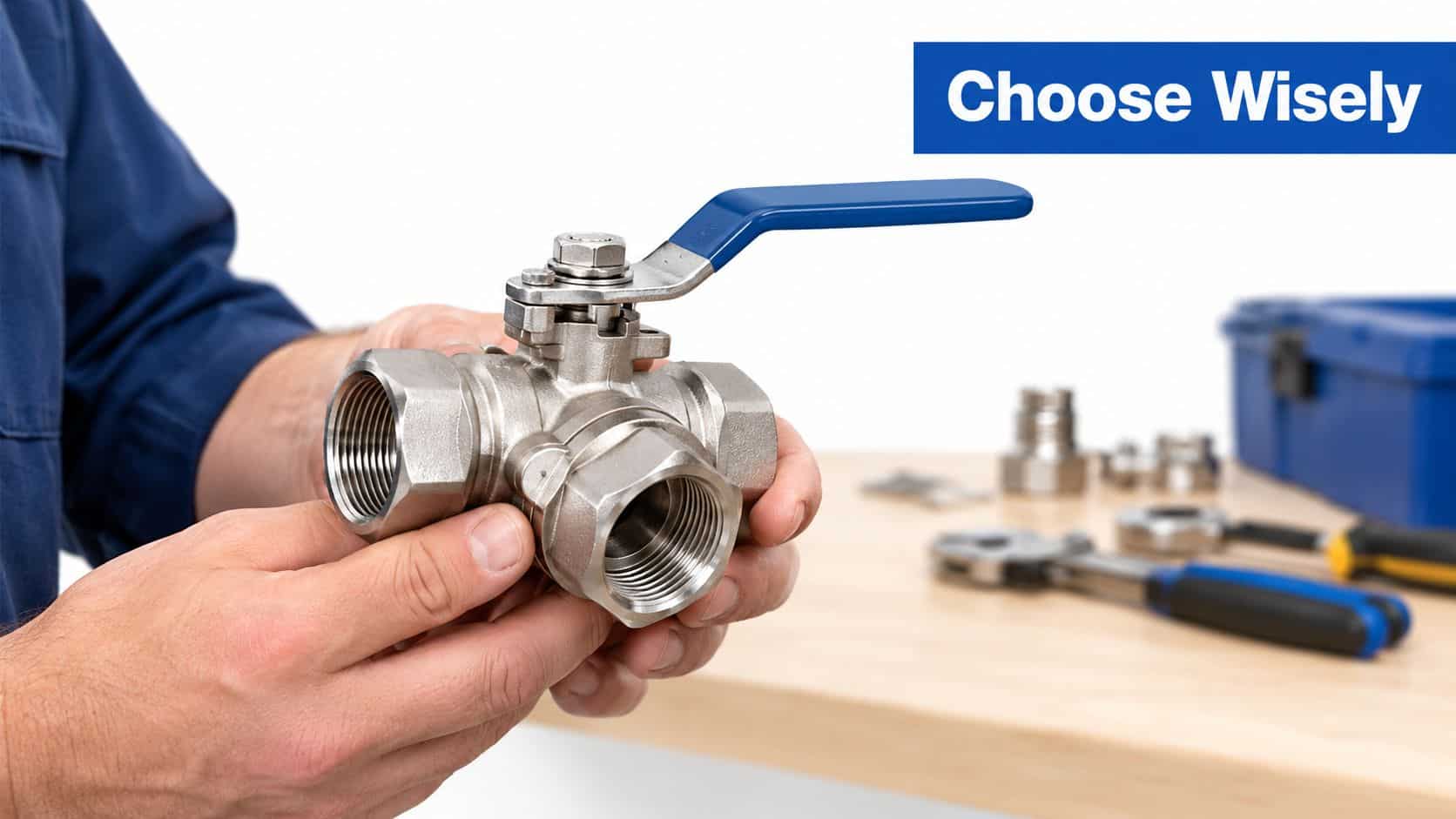 A professional plumber holds a stainless steel three-port ball valve in his hands with tools on a table.