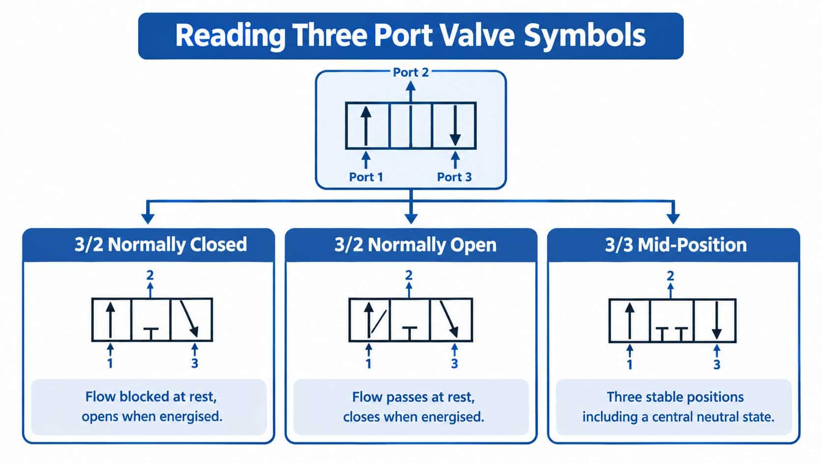 A diagram explaining three-port valve symbols, including 3/2 normally closed, 3/2 normally open, and 3/3 mid-position configurations.