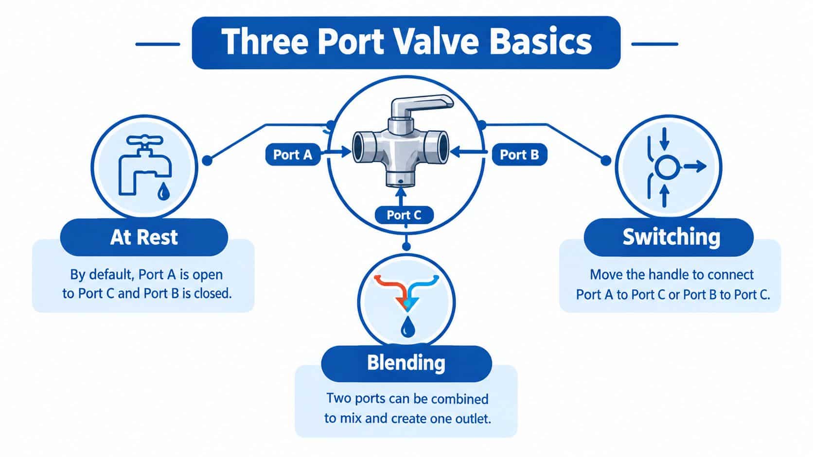 A diagram explaining three port valve basics, covering resting state, switching, and fluid blending functions.