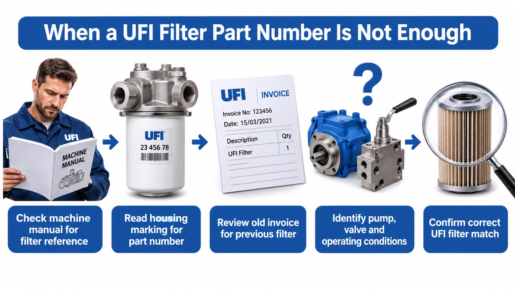 An infographic illustrating steps to identify the correct UFI hydraulic filter when a part number is missing.