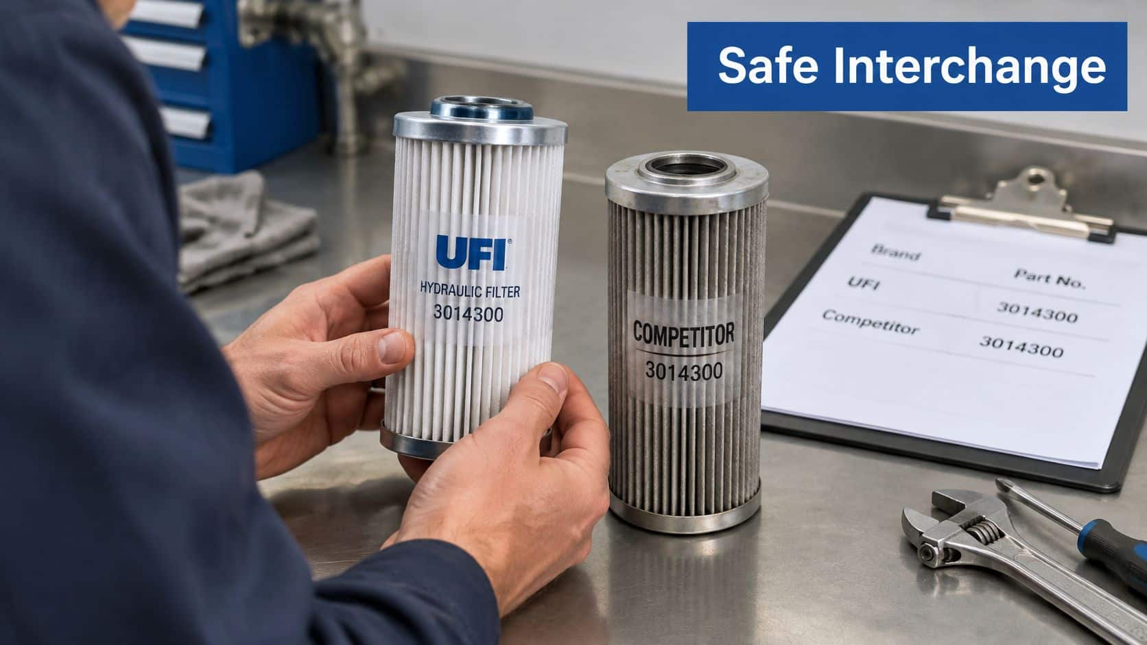 A technician holds a UFI hydraulic filter next to a competitor's filter on a stainless steel workbench.
